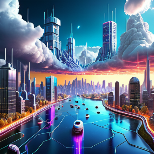 Home 19 **Prompt:** A futuristic cityscape representing cloud data storage, with streams of data flowing into a central lake. Focus on vibrant colors and scalability.