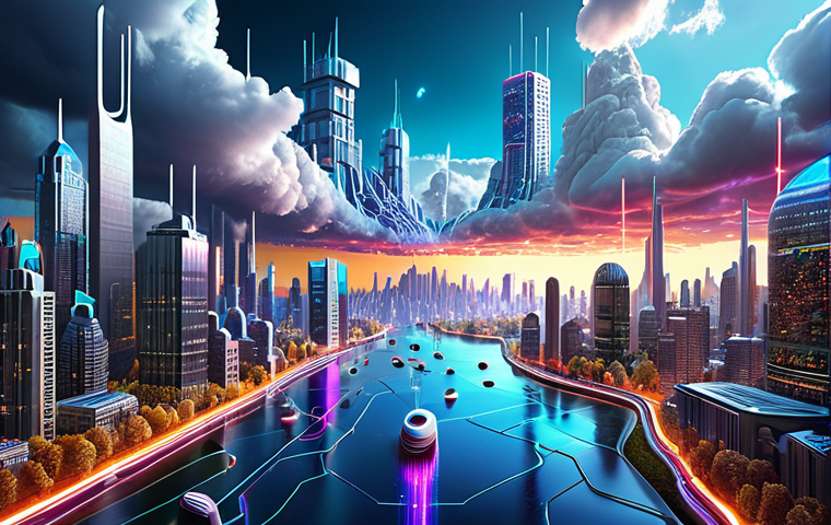 **Prompt:** A futuristic cityscape representing cloud data storage, with streams of data flowing into a central lake. Focus on vibrant colors and scalability.